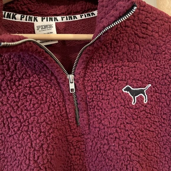 Victoria's Secret PINK Half Zip Sherpa Pullover with Pockets in Burgundy - Picture 3 of 5